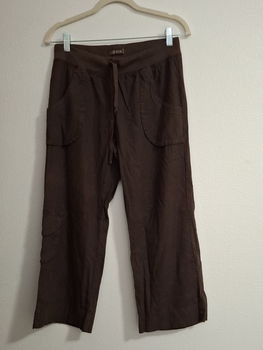XCVI Brown Wide-Leg Drawstring Linen-Blend Pants Size Small